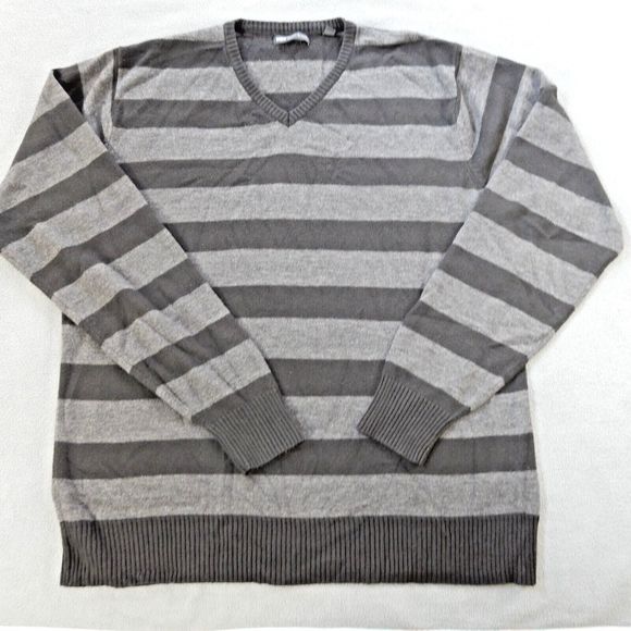 Paper Denim Cloth Mens Sweater Medium Black Grey Stripe VNeck Casual Work Office - Picture 1 of 10